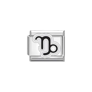Close-up of stainless steel Italian charm link with black Capricorn zodiac symbol