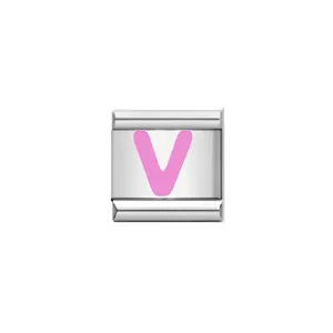 Detailed macro view of a silver stainless steel modular charm with pink letter V engraving