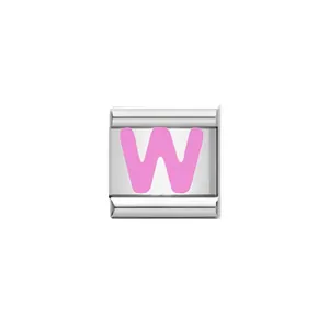 Detailed macro shot of a polished silver Italian charm link featuring a pink letter W