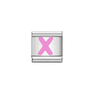 Macro view of a stainless steel Italian bracelet charm featuring a pink letter X.