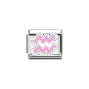 Detail view of a stainless steel Italian charm link with a pink Aquarius symbol