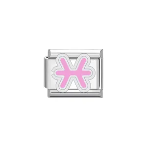 Detailed view of pink Pisces zodiac charm for stainless steel modular link bracelet.