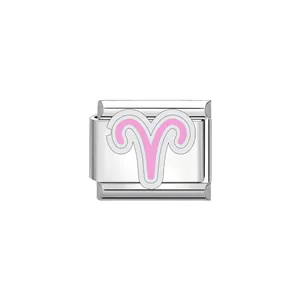 Detailed view of a pink Aries zodiac symbol on a stainless steel Italian charm link
