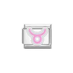 Detailed macro shot of a pink Taurus zodiac symbol on a modular stainless steel charm link