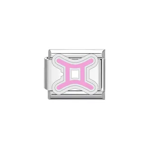 Detail shot of stainless steel Gemini zodiac charm module for Italian DIY bracelets