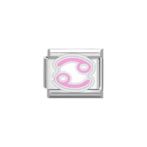 Close-up of a pink enamel Cancer zodiac symbol on a stainless steel modular charm link