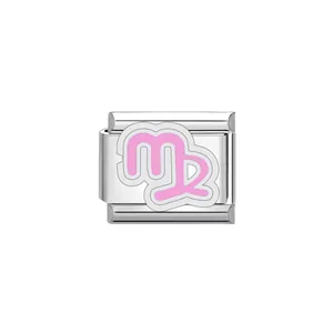 Close-up of stainless steel Italian modular charm with pink Virgo zodiac symbol