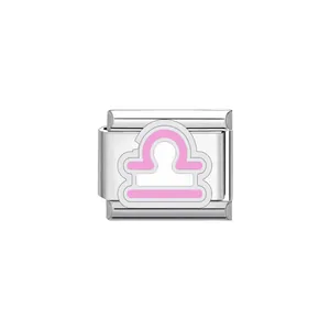 Detail view of pink Libra zodiac symbol on a polished stainless steel Italian charm