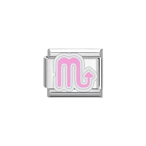 Detailed close-up of a pink Scorpio zodiac sign charm on a stainless steel Italian link