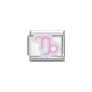 Detailed macro view of a stainless steel Capricorn zodiac charm with pink enamel.
