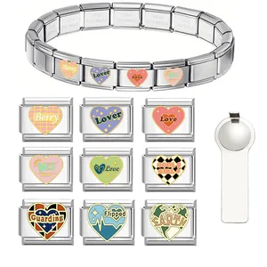 Stainless Steel Enamel Heart Letter Modular Italian Charm Links For DIY Bracelet Jewelry Accessories For Women Men