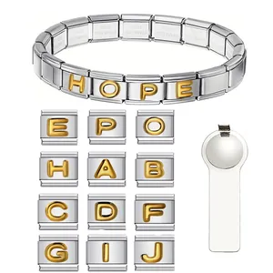 Edelstahl Initial Buchstabe Italienisches Charm Armband DIY Modularer Personalisierter Schmuck Glied Gold Silber Zweifarbig Zubehör