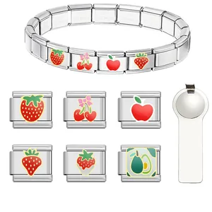 Stainless Steel Italian Charm Link For DIY Modular Bracelet Fruit Pattern Strawberry Cherry Enamel Jewelry Making Charm