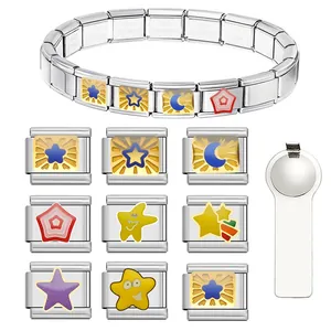 Stainless Steel Italian Charm Bracelet Links DIY Modular Splicing Star Moon Pattern Fresh Sweet Metal Jewelry Charms For Women