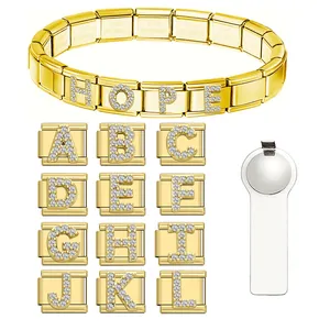 Detailed view of DIY modular gold stainless steel bracelet with crystal alphabet charms