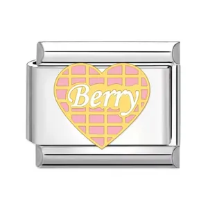 Close-up of a titanium steel Italian charm link with a pink heart and Berry text