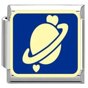 Macro view showing the blue enamel planet with heart details on an Italian link charm