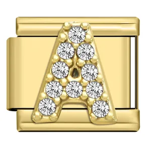 Close-up detail of a gold stainless steel modular charm link with crystal pavé letter A