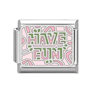 Detailed macro view of the 'HAVE FUN' pink and green enamel Italian charm link.