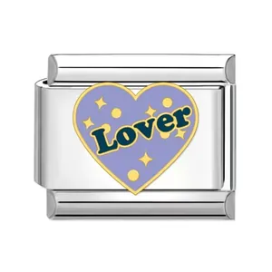 Detailed view of stainless steel Italian charm link featuring purple enamel heart Lover