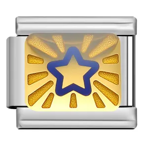 Macro detail of a blue star Italian charm link with radiating gold glitter sunburst