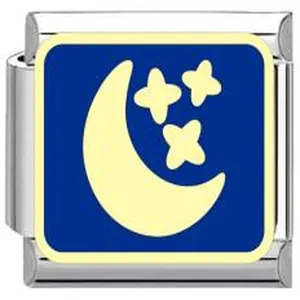Close-up of Italian charm link with blue night sky, crescent moon and stars design.