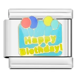 Macro detail view of Italian charm link with Happy Birthday enamel balloon design