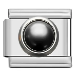 Detailed macro view of a silver modular Italian charm link with a central black pearl bead