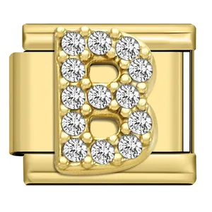 Gold stainless steel DIY modular charm link with crystal-encrusted letter B