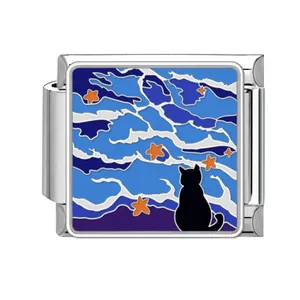 Detailed view of a stainless steel Italian charm with cat and starry sky enamel art.