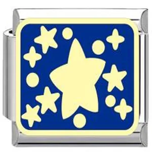 Detailed macro view of an Italian charm link featuring blue sky and yellow stars