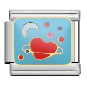 Close-up of heart and moon themed modular stainless steel charm link for DIY bracelet.
