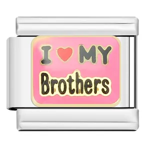 Close-up of pink enamel Italian charm link with I Love My Brothers text engraving