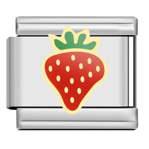 Macro detail of strawberry enamel charm link for Italian modular bracelets