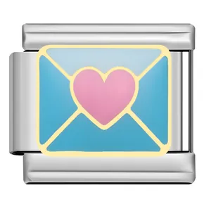 Close-up of stainless steel Italian charm link featuring pink heart on blue envelope
