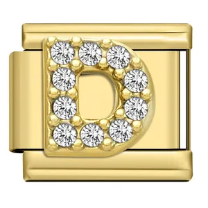 Close-up of gold stainless steel modular bracelet charm with crystal-paved letter D.