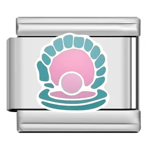 Close-up of a stainless steel Italian charm featuring a teal and pink shell with a pearl