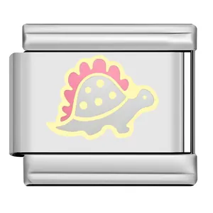 Detail of stainless steel modular charm link with a pink and gray dinosaur design