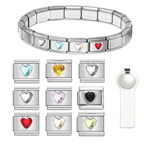 304 Stainless Steel Heart Italian Modular Bracelet Link DIY Charm Rhinestone Elastic Splicing Jewelry Accessory For Women
