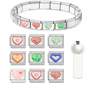 Detail view of DIY stainless steel Italian charm bracelet with colorful heart links