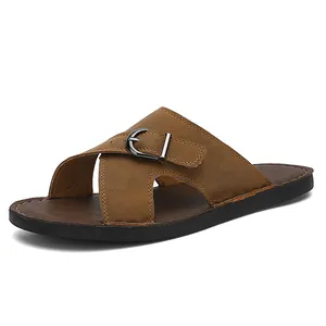 Men's stylish brown slide sandals featuring a decorative metal buckle and soft anti-slip flat sole