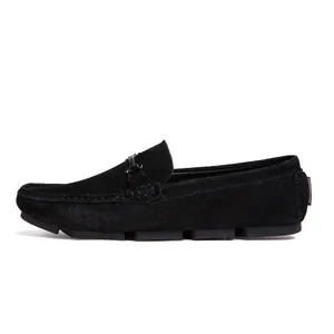 Classic black suede men's loafers slip-on driving shoes with stylish metal buckle