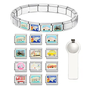 Modular Italian Charm Bracelet DIY Stainless Steel Enamel Vehicle Airplane Car Charms Elastic Link Personalized Jewelry For Unisex Gift