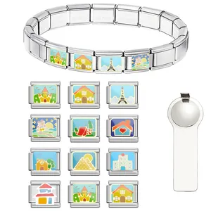 Stainless Steel Italian Modular Charms Bracelet DIY Enamel House Landmark Travel Scenery Link Charms For Personalized Jewelry Making Accessory
