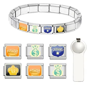 Stainless Steel Italian Charm Bracelet Links DIY Modular Jewelry Accessories Gold Ingot Police Crown Enamel Charms For Bracelet