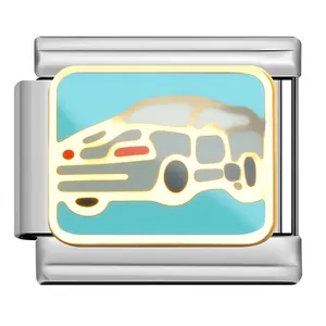 Detailed view of a vehicle-themed modular charm link with blue enamel and gold finish