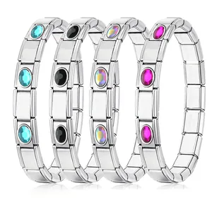 Stainless Steel Italian Charm Modular Link Bracelet For Men Women DIY Oval Rhinestone Inlaid Composable Jewelry Gift