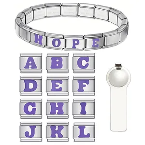 Minimalist Stainless Steel Italian Charm Bracelet Links Purple Enamel Alphabet Letter DIY Modular Jewelry For Unisex
