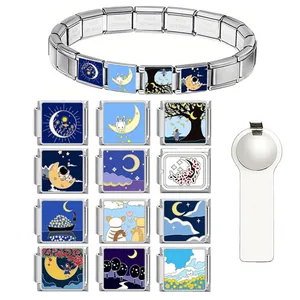 Italian charm bracelet set with moon and night sky enamel charms and opener tool