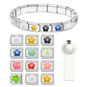 Stainless Steel Italian Charm Links Floral Daisy Sakura Pattern DIY Modular Bracelet Jewelry Accessories For Women Gift
